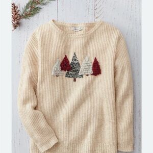 Coldwater Creek Cream Knit Sweater with Tree Embroidery